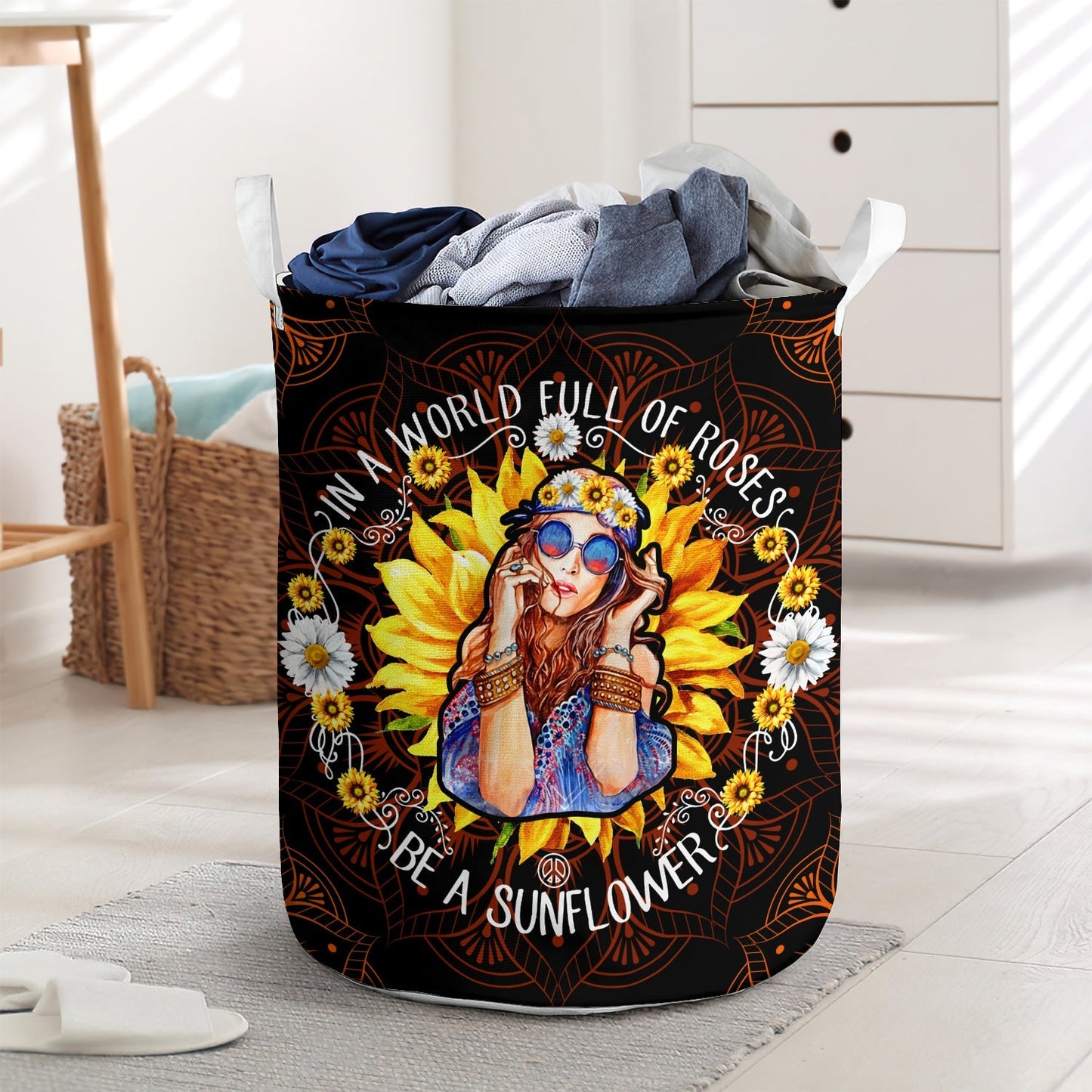 Be A Sunflower Hippie Girl Laundry Basket For Bathroom Bedroom Storage