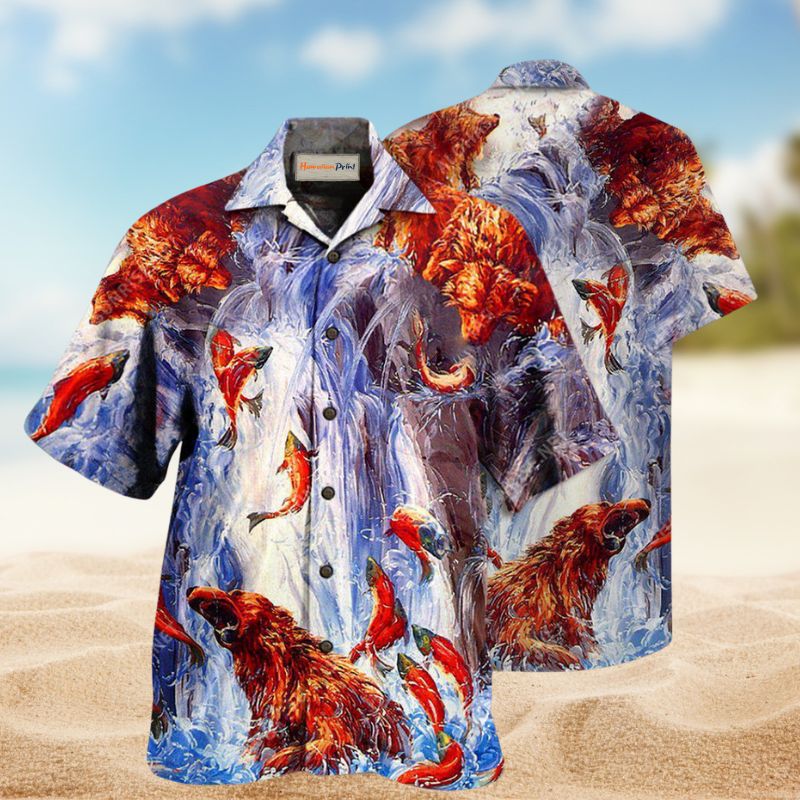 Bear Fighting In Waterfall Hawaiian Shirt For Tropical Travel Outdoor Parties And Relaxed Casual Wear