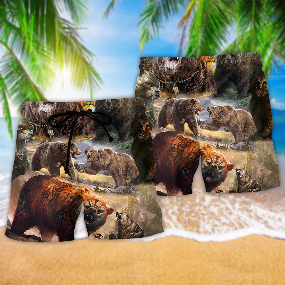 Bear Keep The Native Spirit Near Stream Hawaiian Beach Shorts For Beach Days And Casual Travel