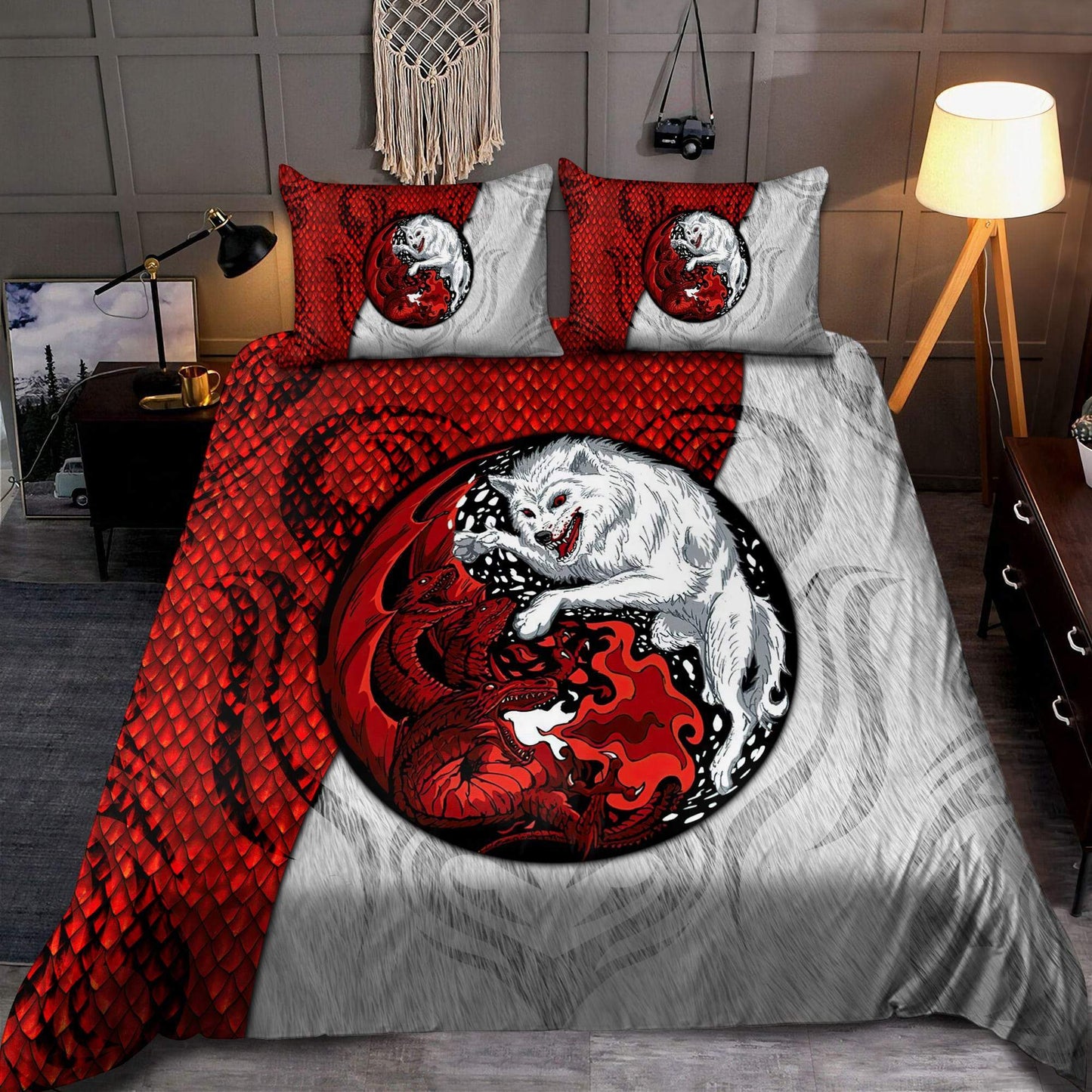 White And Red Dragon And Wolf Fantasy Bedding Cover For Fantasy Bedroom Decor