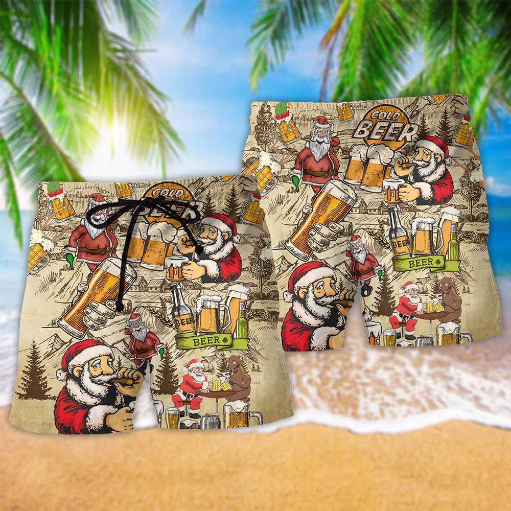 Beer Drinking Beer With Santa Claus Hawaiian Beach Shorts For Warm Weather Celebrations