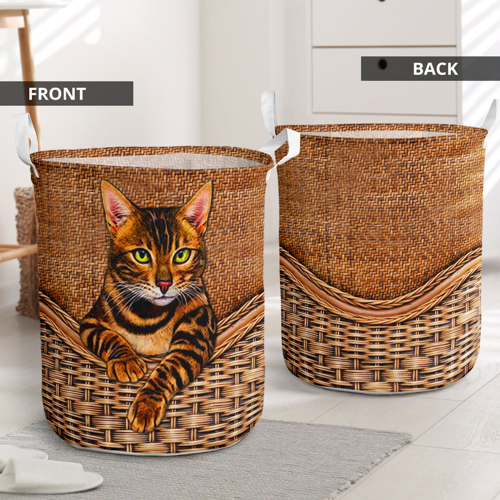 Bengal Cat Rattan Texture Laundry Basket For Nursery Dorm And Home Storage