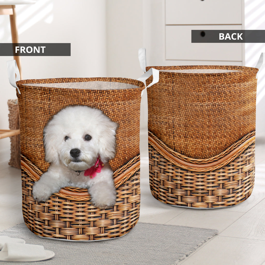 Bichon Frise Dog Rattan Texture Laundry Basket For Nursery Dorm And Home Storage