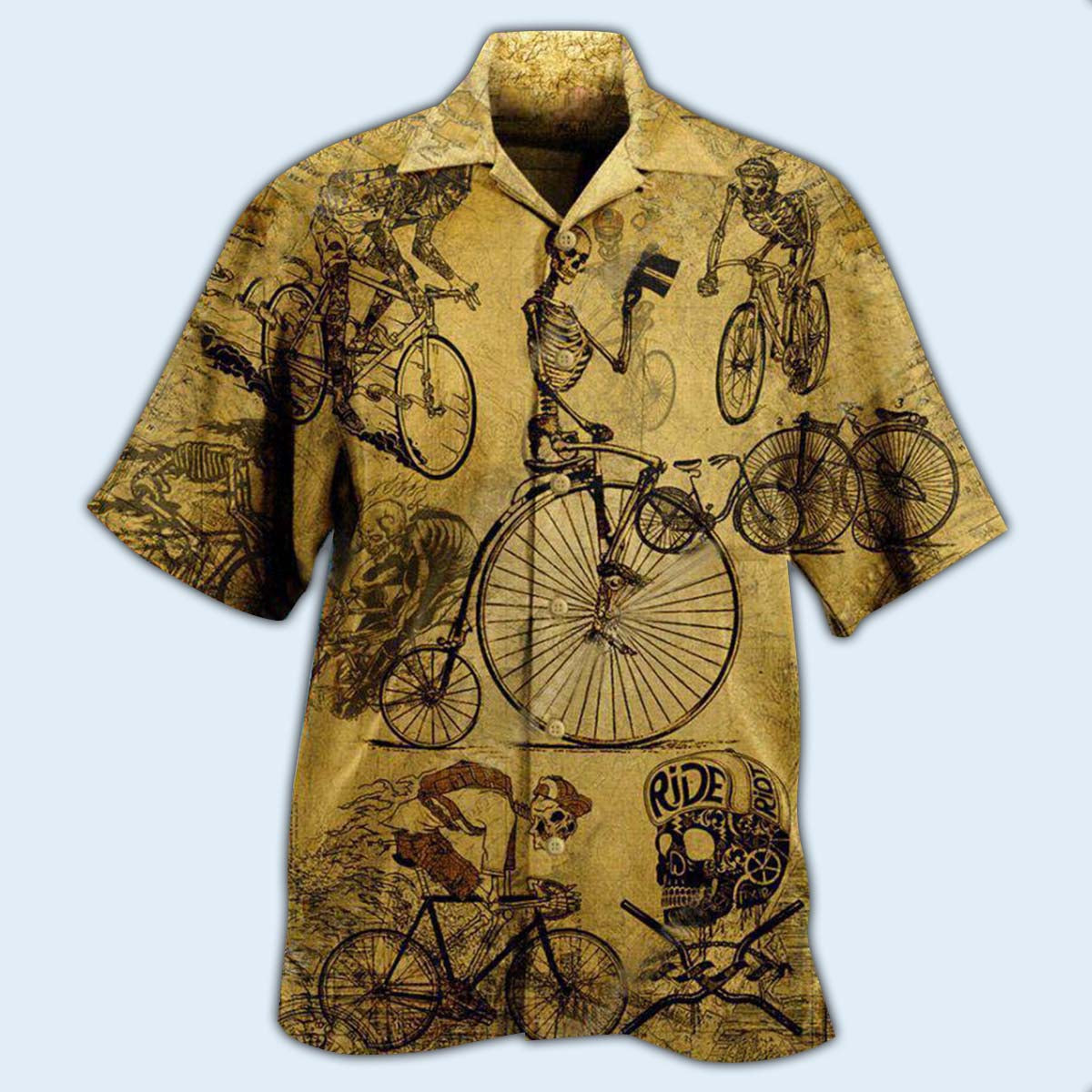Vintage Bicycle And Skull Hawaiian Shirt With Detailed Graphic For Warm Weather Adventures Parties And Daily Comfort