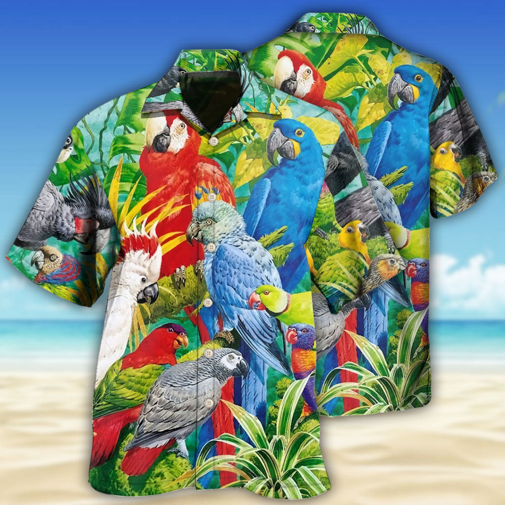 Tropical Summer Parrots Hawaiian Shirt For Island Getaways, Outdoor Gatherings, And Comfortable Summer Wear