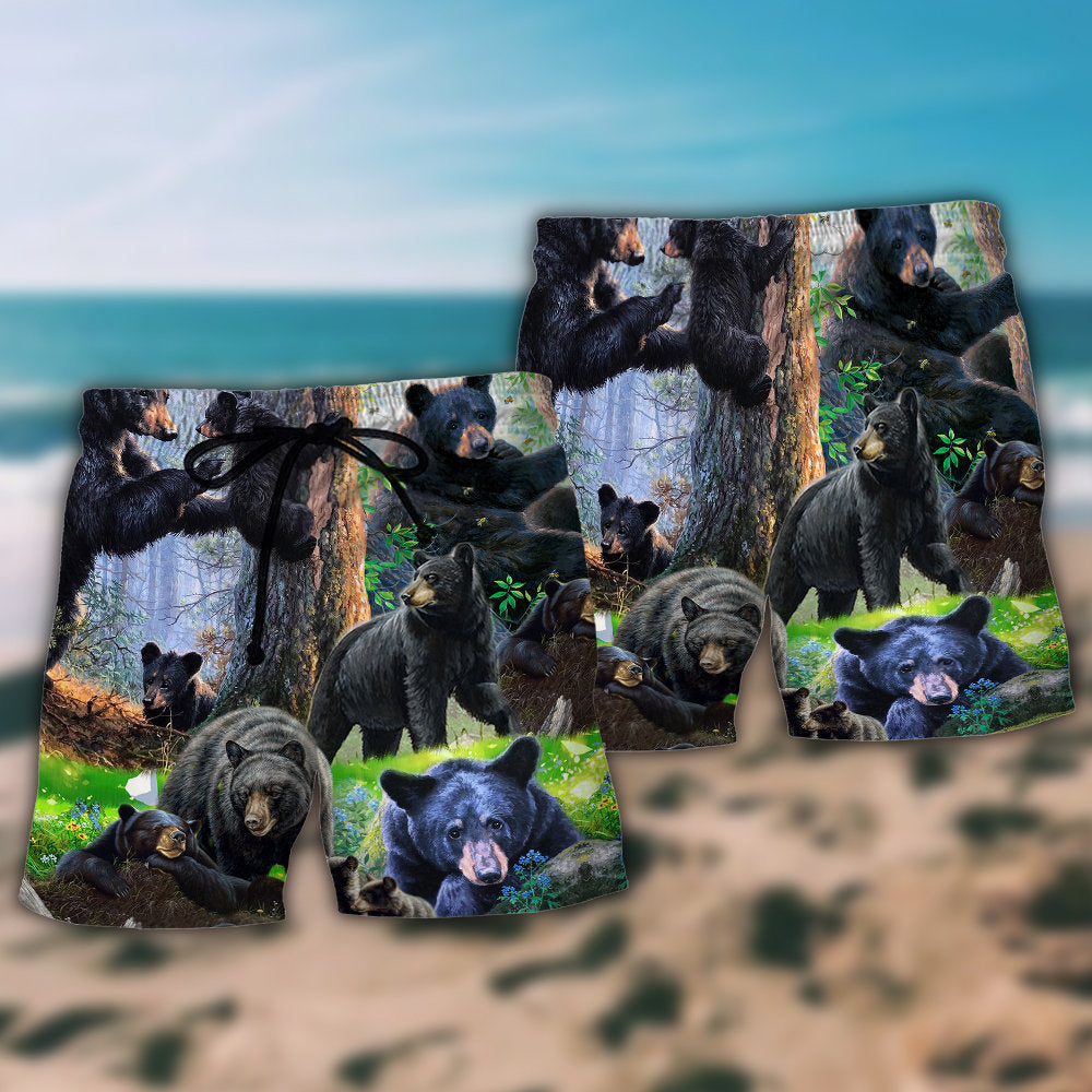 Bear Family Into The Spring Hawaiian Print Beach Shorts For Animal Lover Vacation Wear