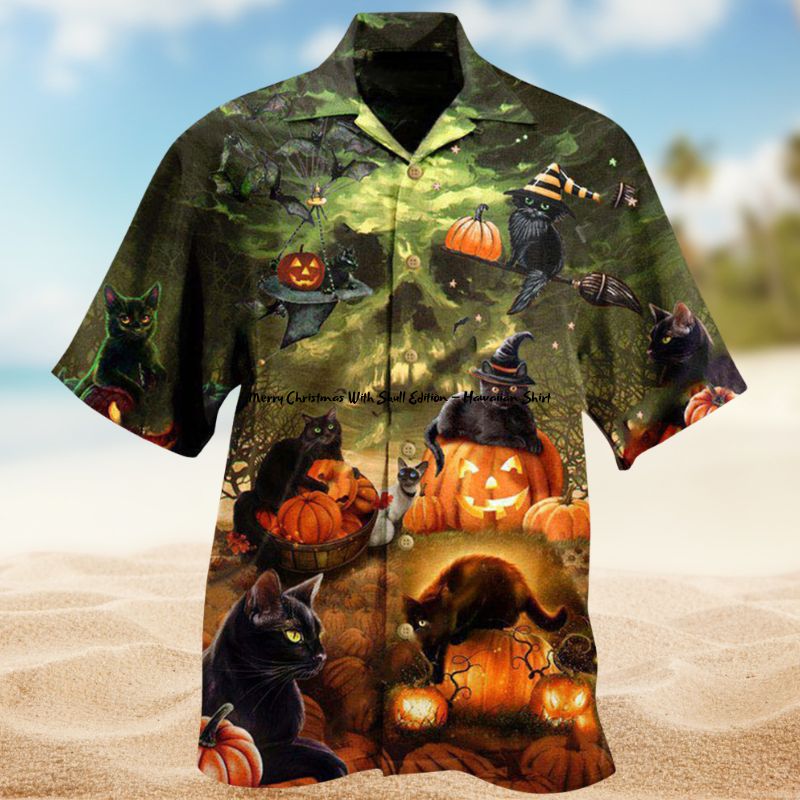 Black Cat Halloween Luck Hawaiian Shirt For Beach Holidays Outdoor Outings And Relaxed Everyday Wear