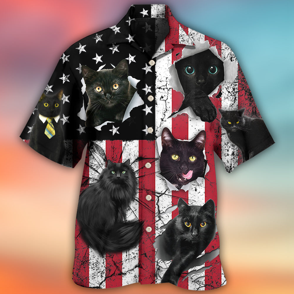 Black Cat Independence Day Hawaiian Shirt Artwork Detail For Tropical Trips And Casual Outings