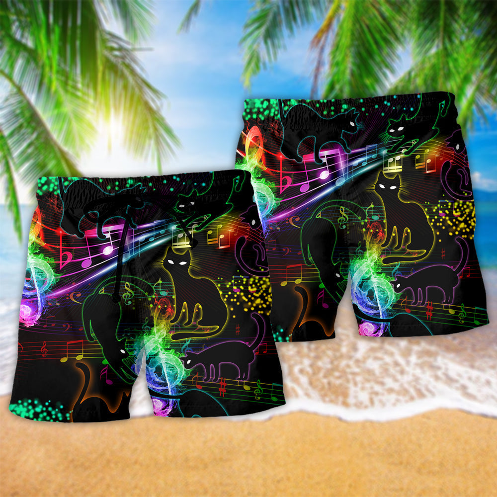 Black Cat The Magical Light Cats On Music Notes Beach Shorts For Resort Trips And Weekend Wear