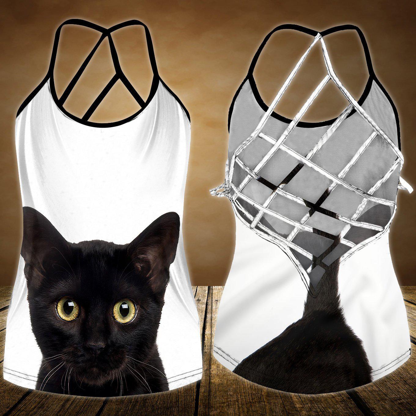 Black Cat Artistic Hollow Tank Top For Yoga Practice And Vacation Outfits