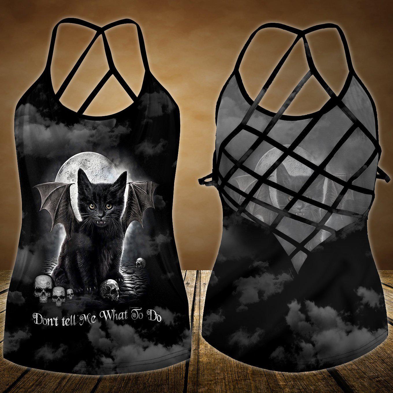 Black Cat Artistic Hollow Tank Top For Outdoor Activities And Athleisure