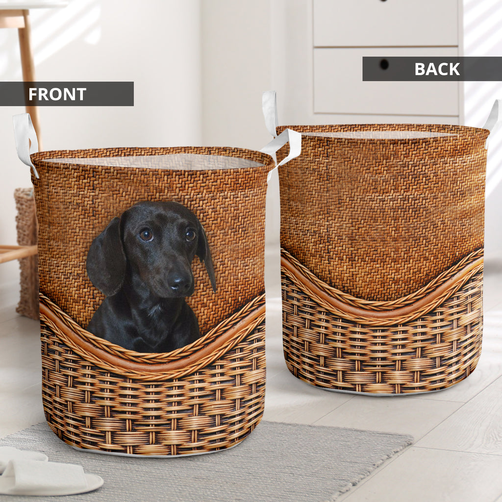 Black Dachshund Dog Rattan Texture Laundry Basket For Nursery Dorm And Home Storage