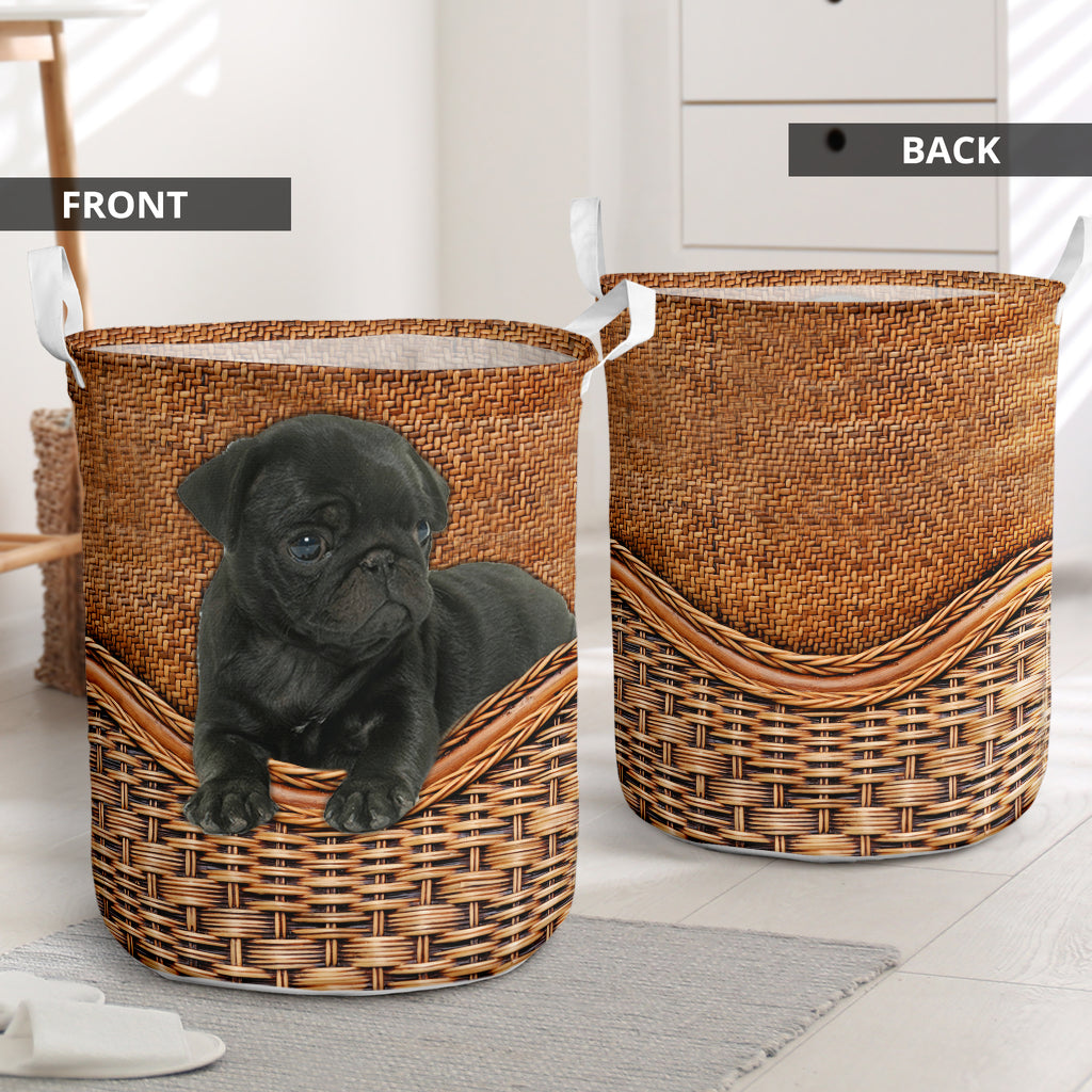 Black Pug Dog Rattan Texture Laundry Basket For Nursery Dorm And Home Storage