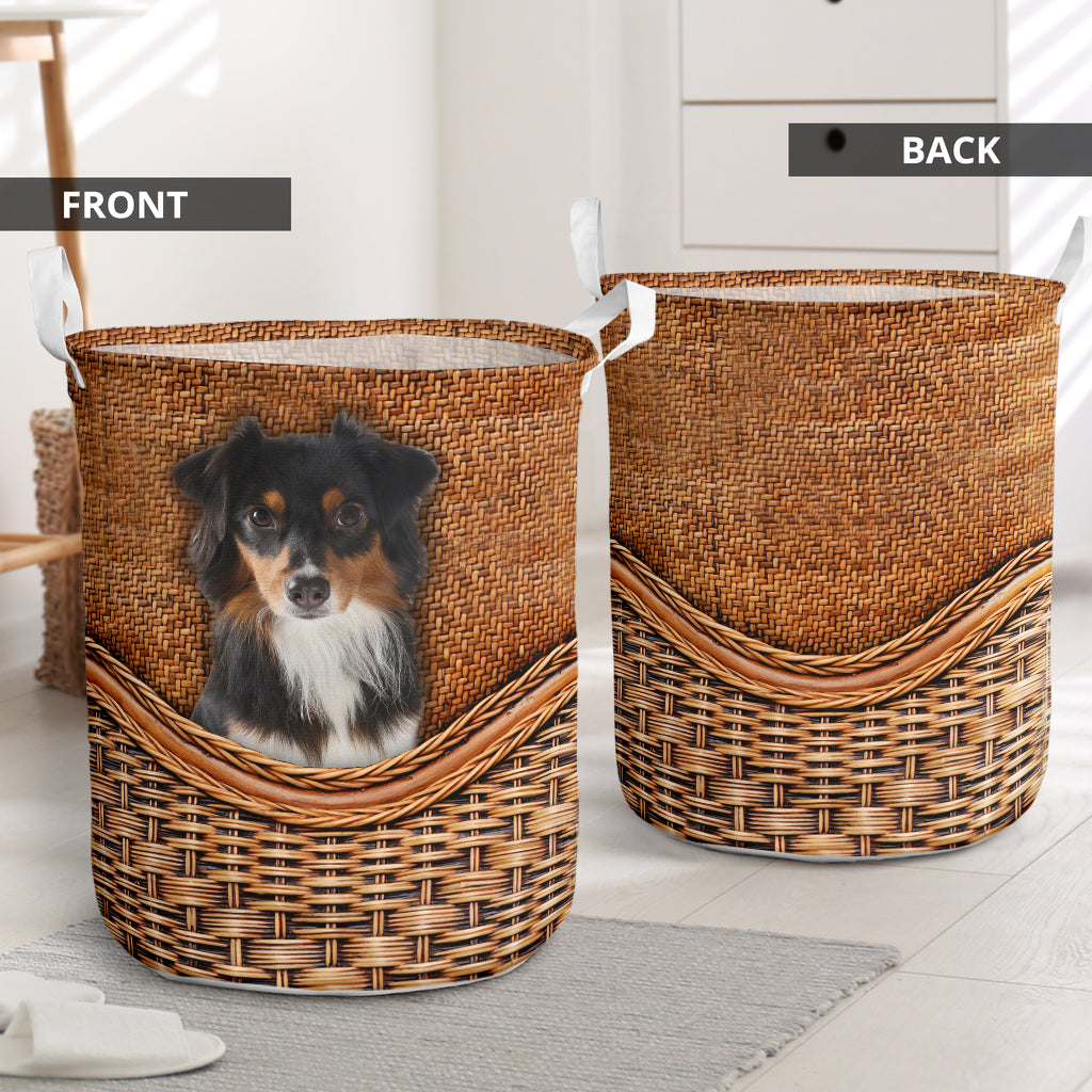 Black Tri Aussie Dog Rattan Texture Laundry Basket For Nursery Dorm And Home Storage