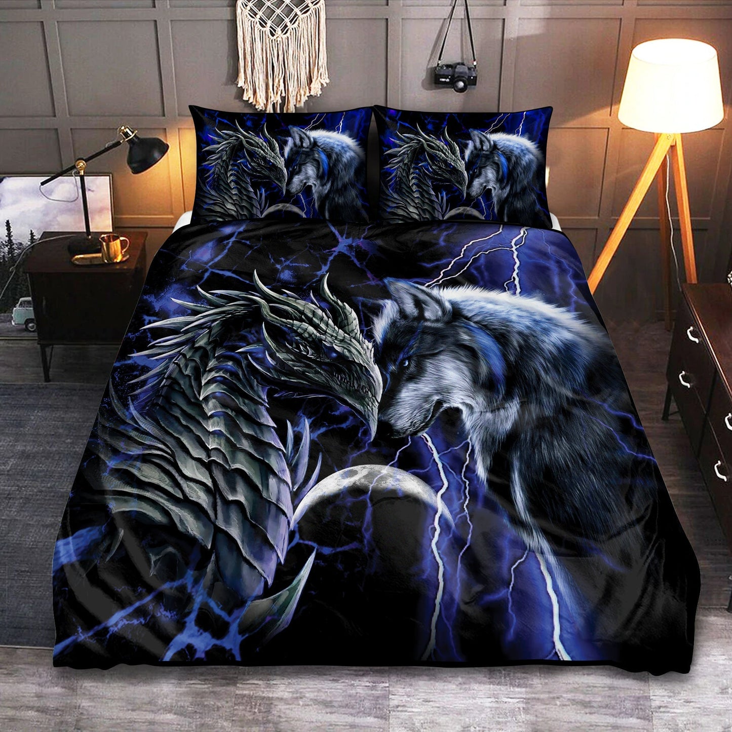 Blue Dragon And Wolf Bedding Cover For Fantasy Bedroom Decor