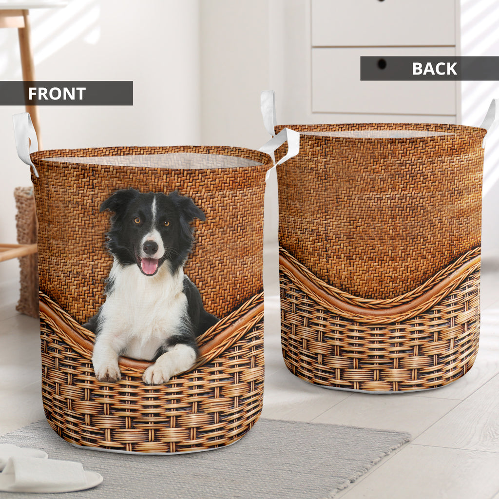 Border Collie Dog Rattan Texture Laundry Basket For Nursery Dorm And Home Storage