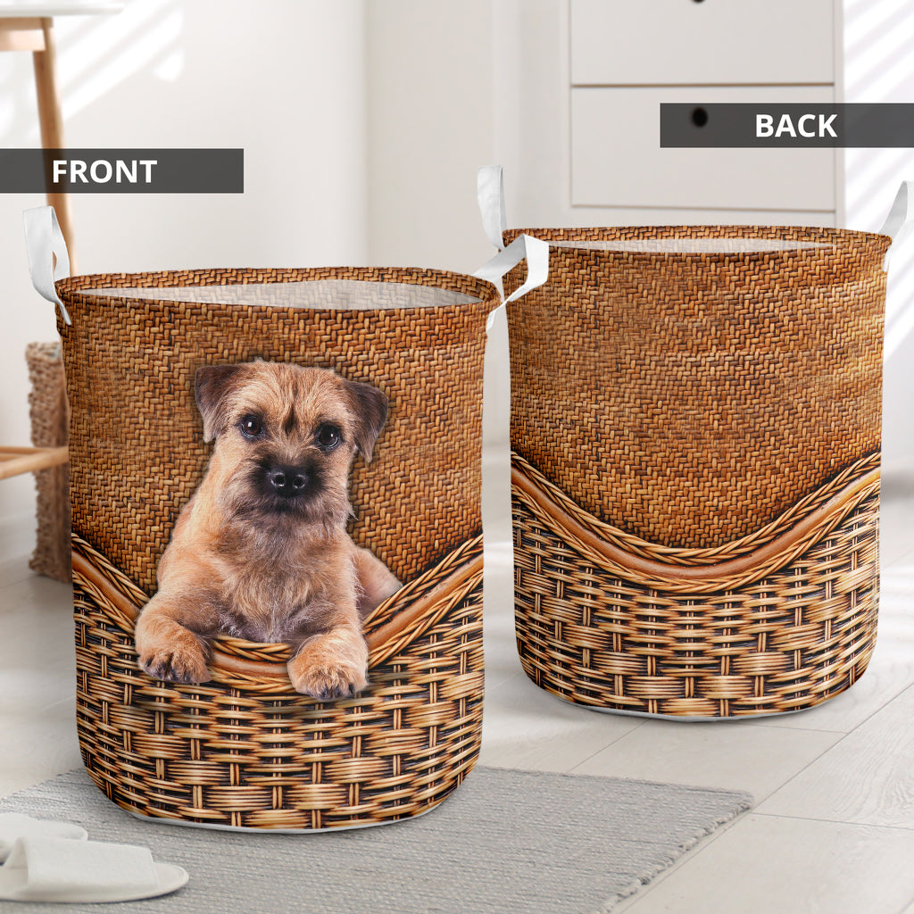 Border Terrier Dog Rattan Texture Laundry Basket For Nursery Dorm And Home Storage