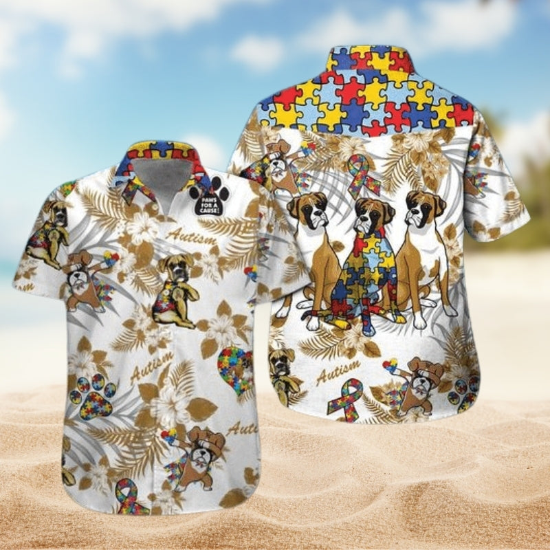 Boxer Autism Awareness Hawaiian Shirt For Tropical Holiday, Island Adventure, And Vacation Outfit