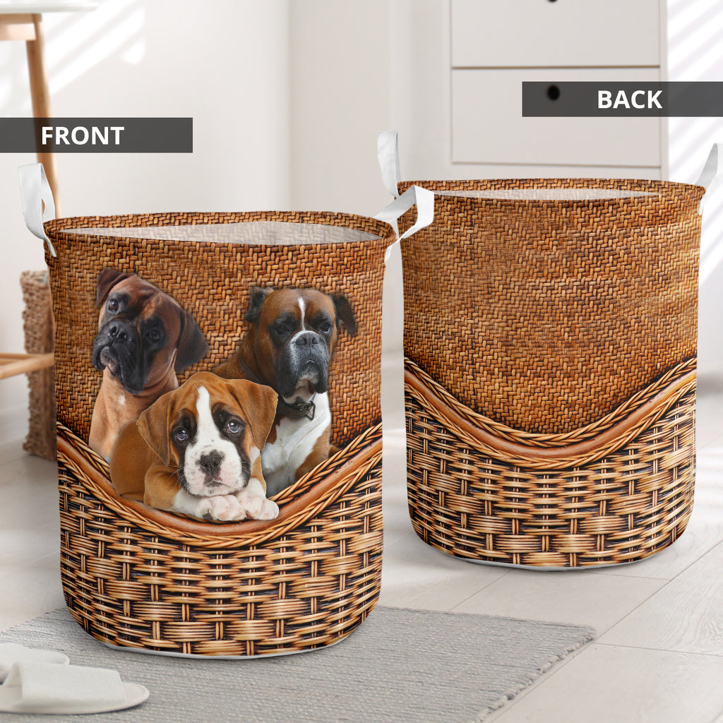 Boxer Dog Rattan Texture Style Laundry Basket For Room Home Organizer
