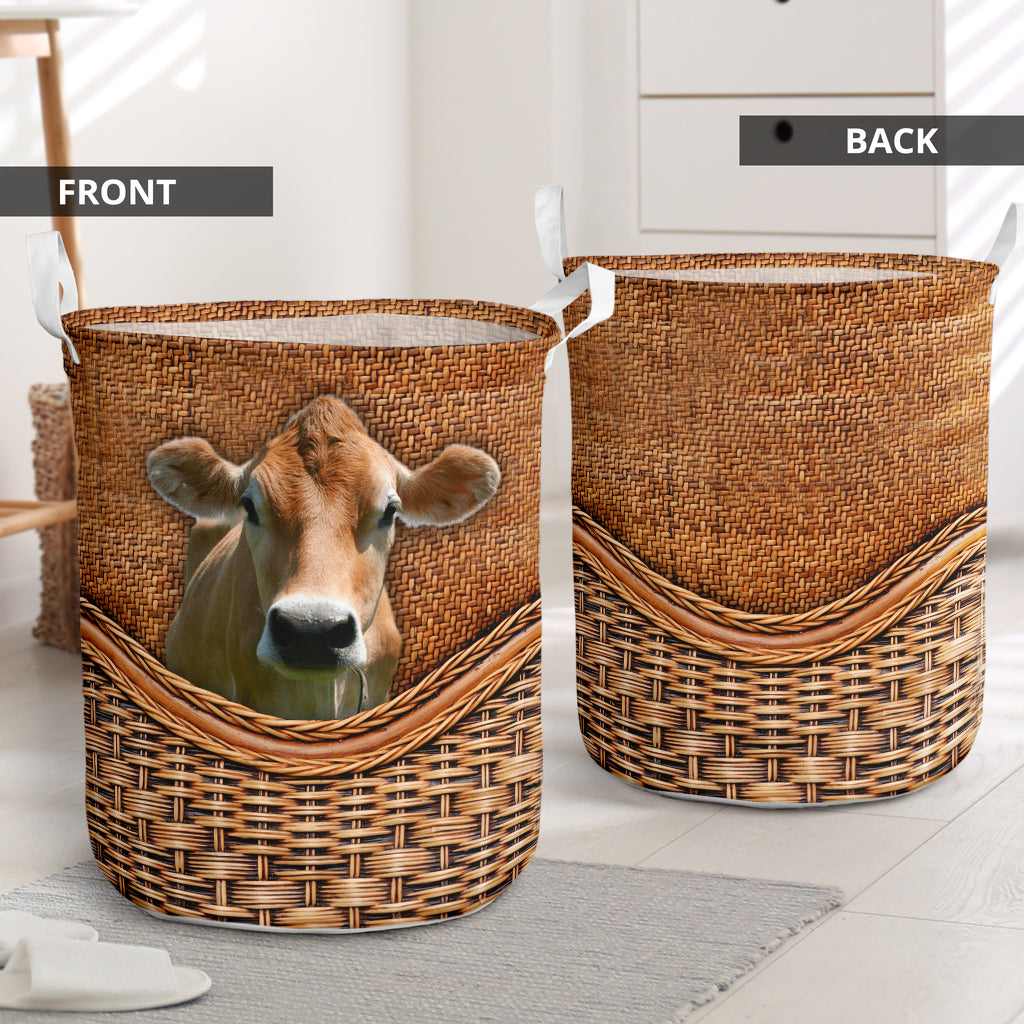 Cow Lover Brown Swiss Cow Rattan Texture Laundry Basket For Room Home Organizer