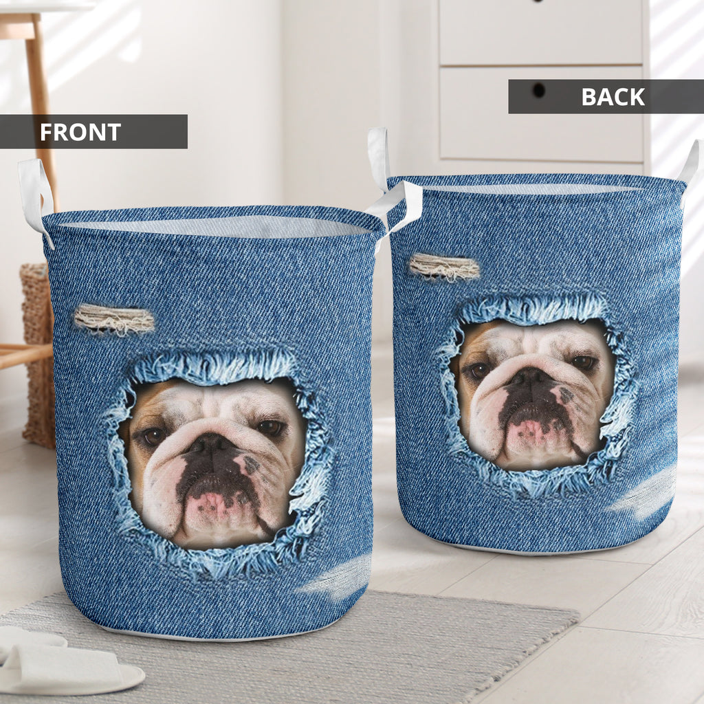 Bulldog Jean Pattern Laundry Basket For Nursery Dorm And Home Storage