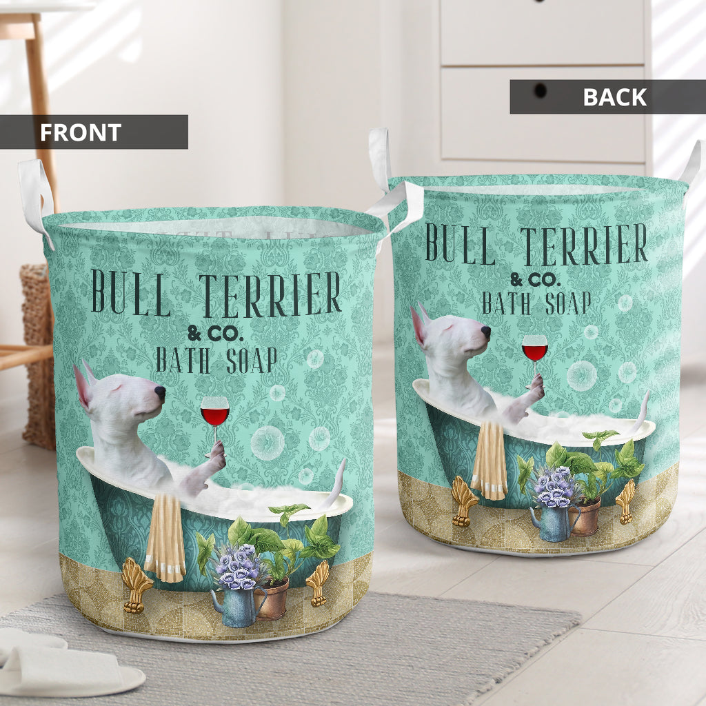 Bull Terrier Dog And Bath Soap Laundry Basket For Nursery Dorm And Home Storage