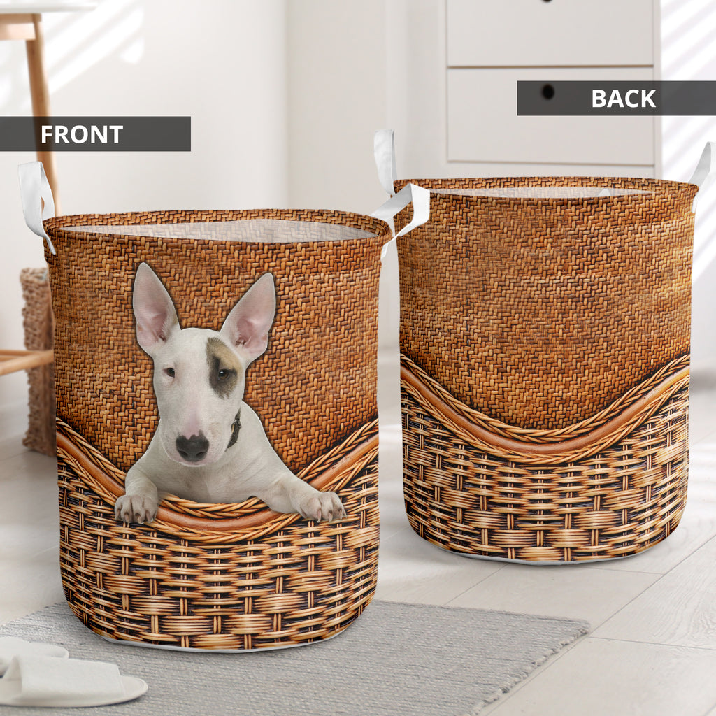 Bull Terrier Dog Rattan Texture Laundry Basket For Nursery Dorm And Home Storage
