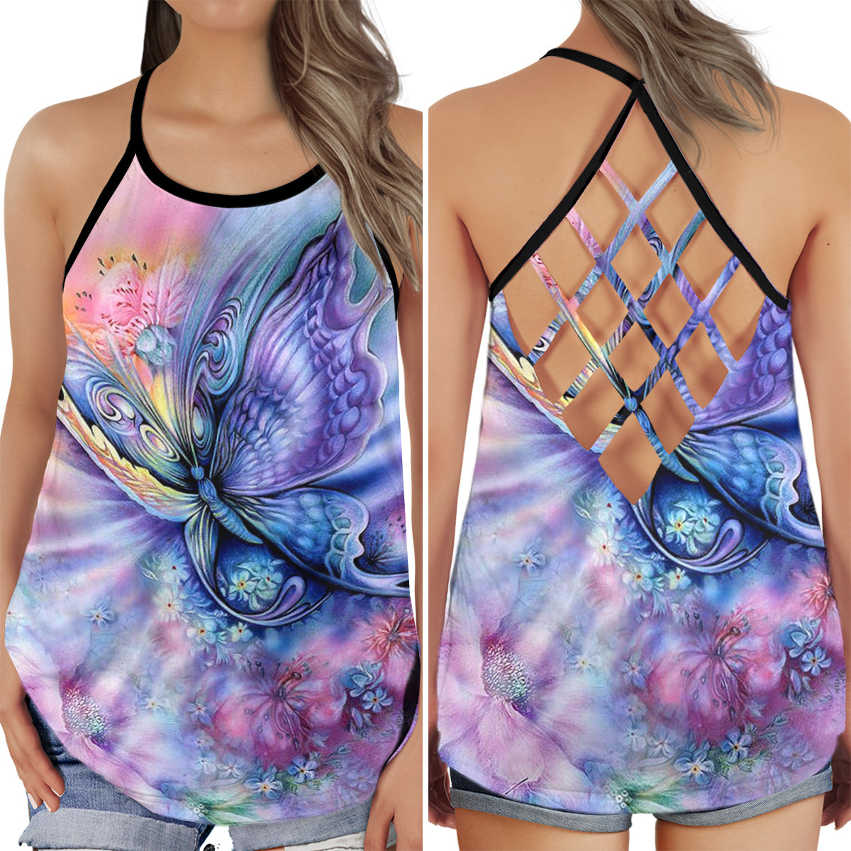 Butterfly Flowers Peace Love Hollow Tank Top For Yoga Practice And Summer Outings