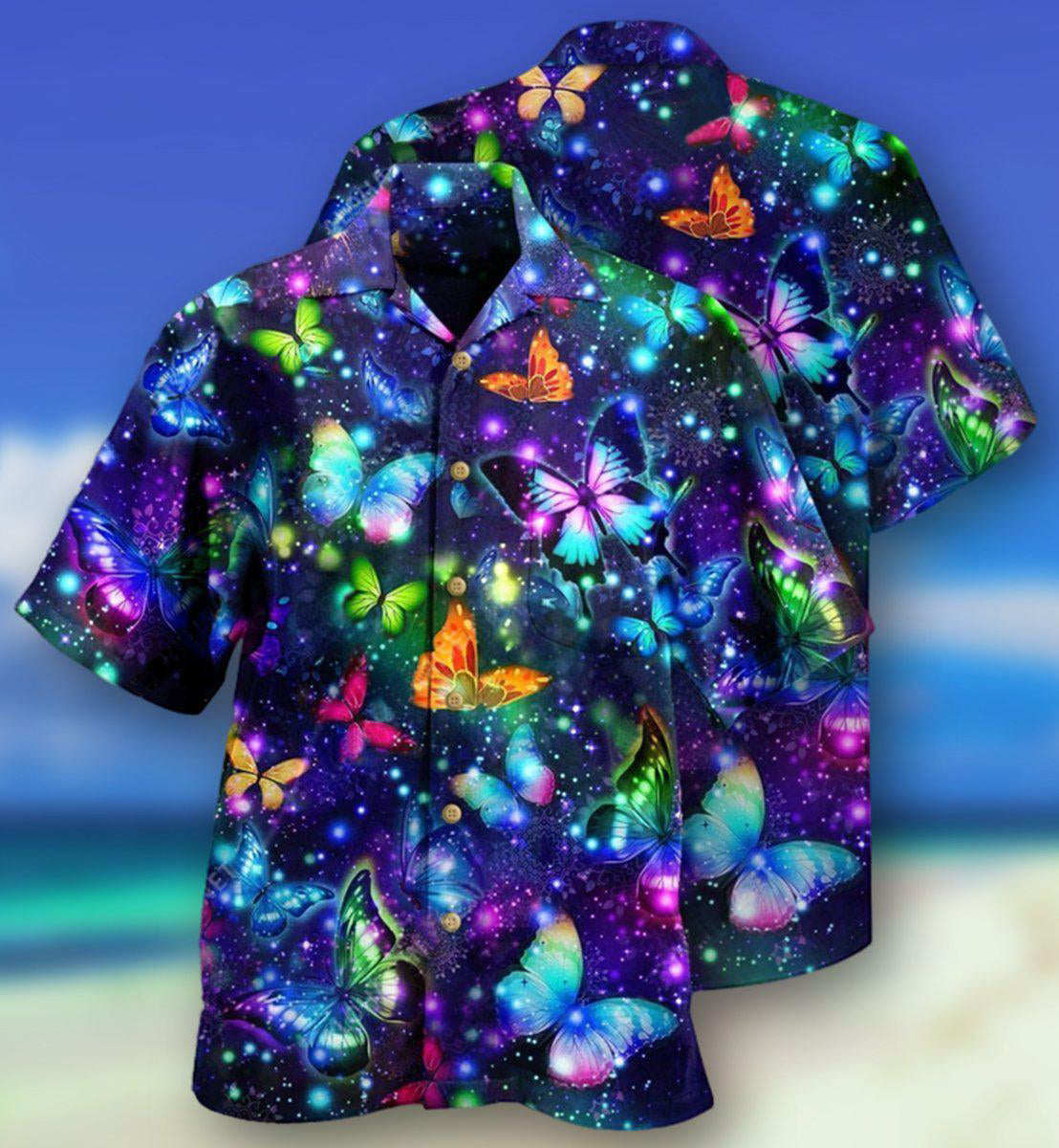 Colorful Dark Butterfly Hawaiian Shirt Pattern View For Lightweight Everyday Style