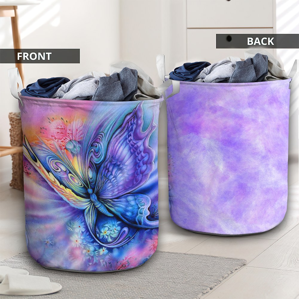Purple Butterfly And Flowers Laundry Basket For Bathroom Bedroom Storage