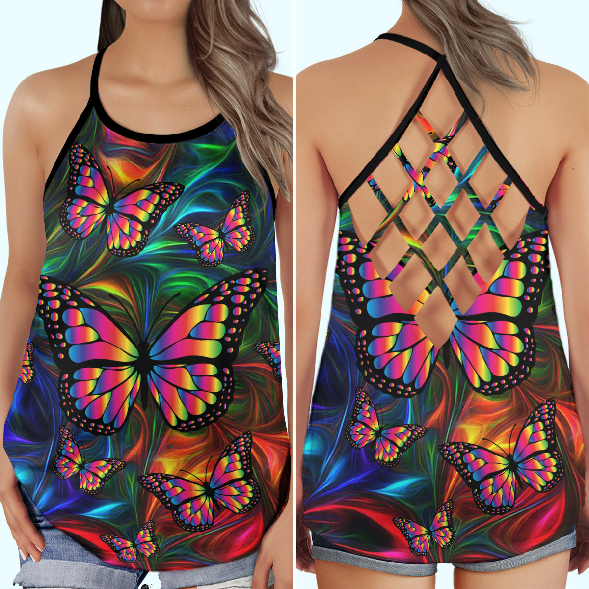 Colorful Butterfly Beautiful Hollow Tank Top For Fitness Activities And Casual Wear