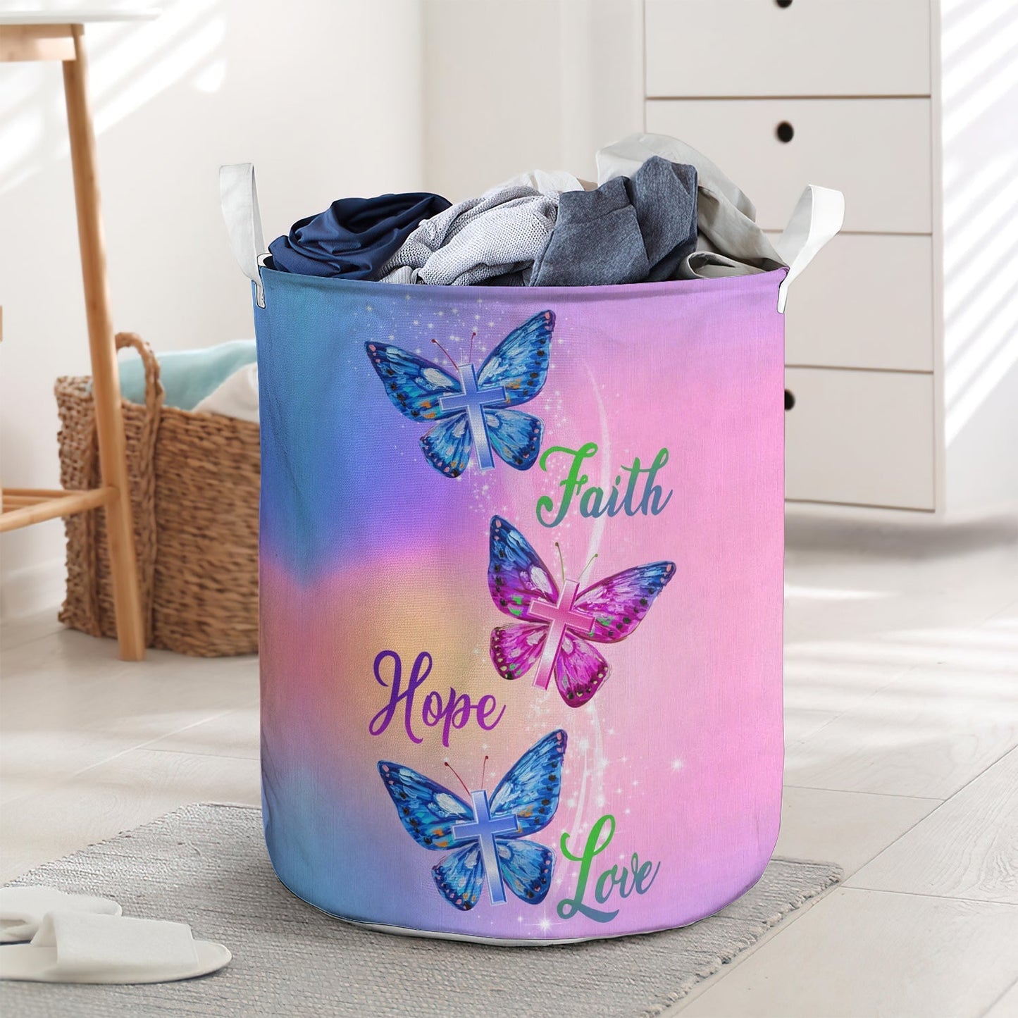Colorful Butterfly Faith Hope Love Laundry Basket For Bathroom Bedroom Storage