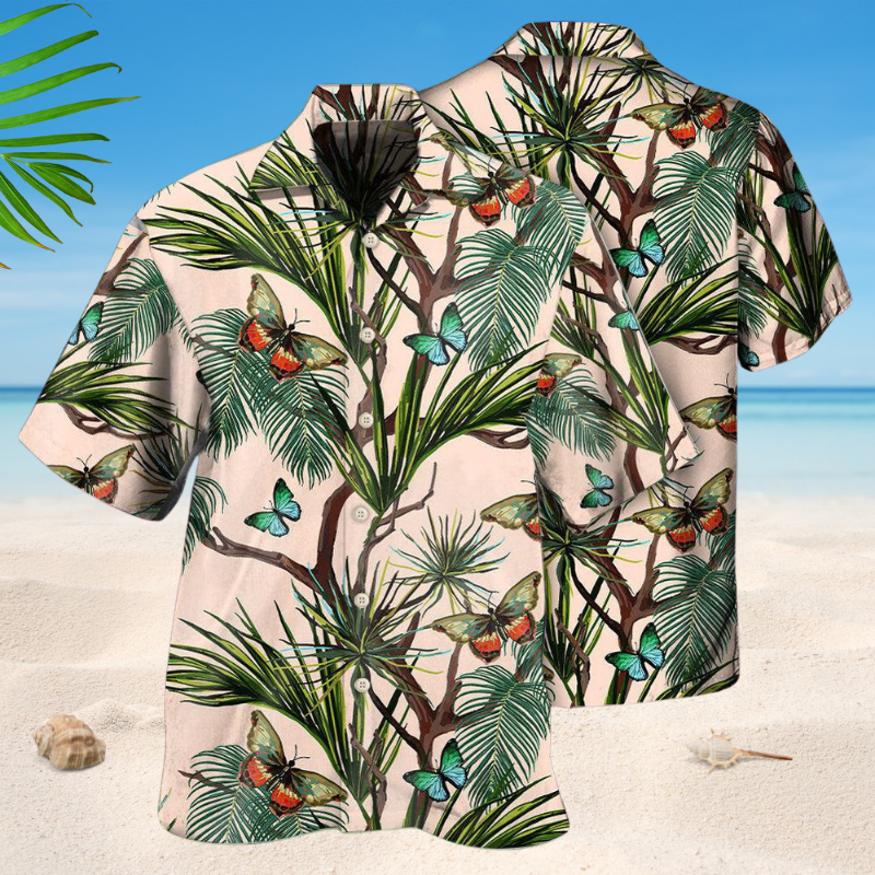 Tropical Butterfly Leaf Hawaiian Shirt For Tropical Holidays, Resort Trips, And Relaxed Coastal Style