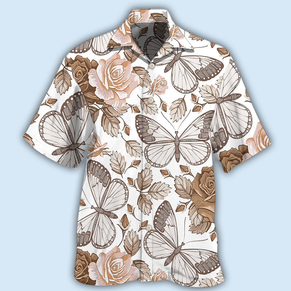 Elegant Butterfly Rose Hawaiian Shirt For Tropical Holidays, Outdoor Gatherings, And Everyday Comfort