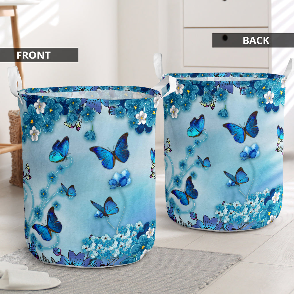 Butterfly Flower Blue Colorful Laundry Basket For Nursery Dorm And Home Storage