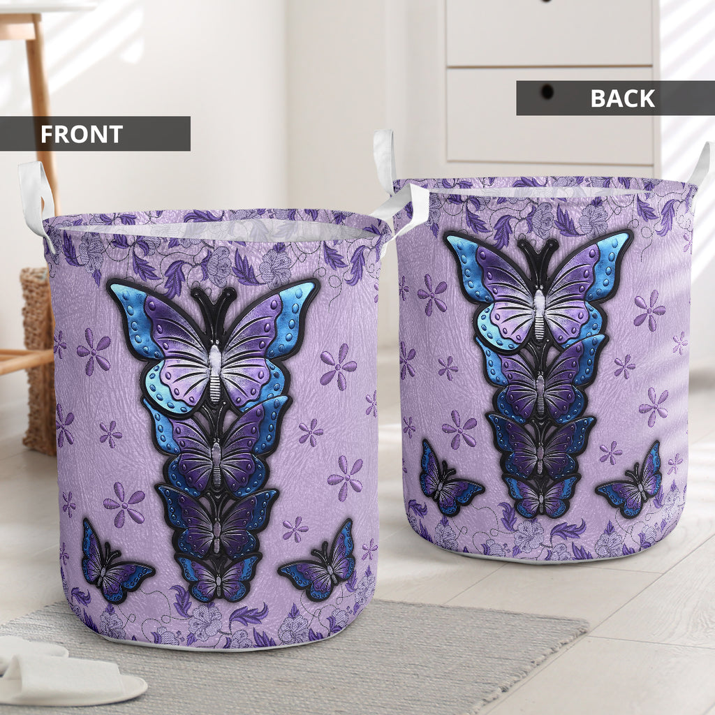 Butterfly Purple Leather Flower Laundry Basket For Nursery Dorm And Home Storage