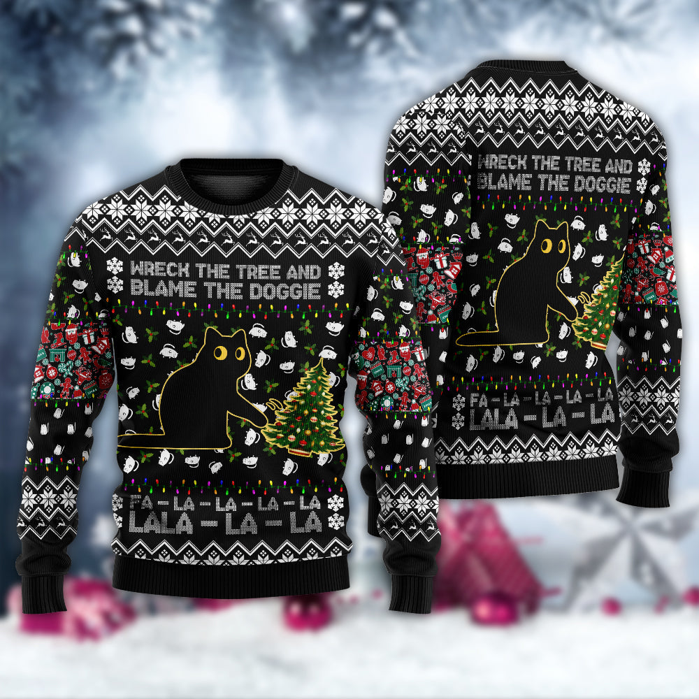 Black Cat Wrecks Tree Funny Christmas Sweater For Family Gatherings Winter Travel And Everyday Seasonal Comfort