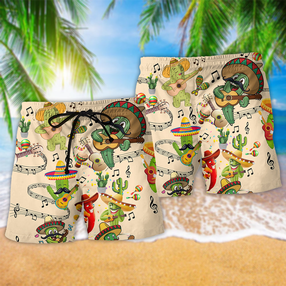 Cactus Love Music Pretty Hawaiian Print Beach Shorts For Music Lover Vacation Wear