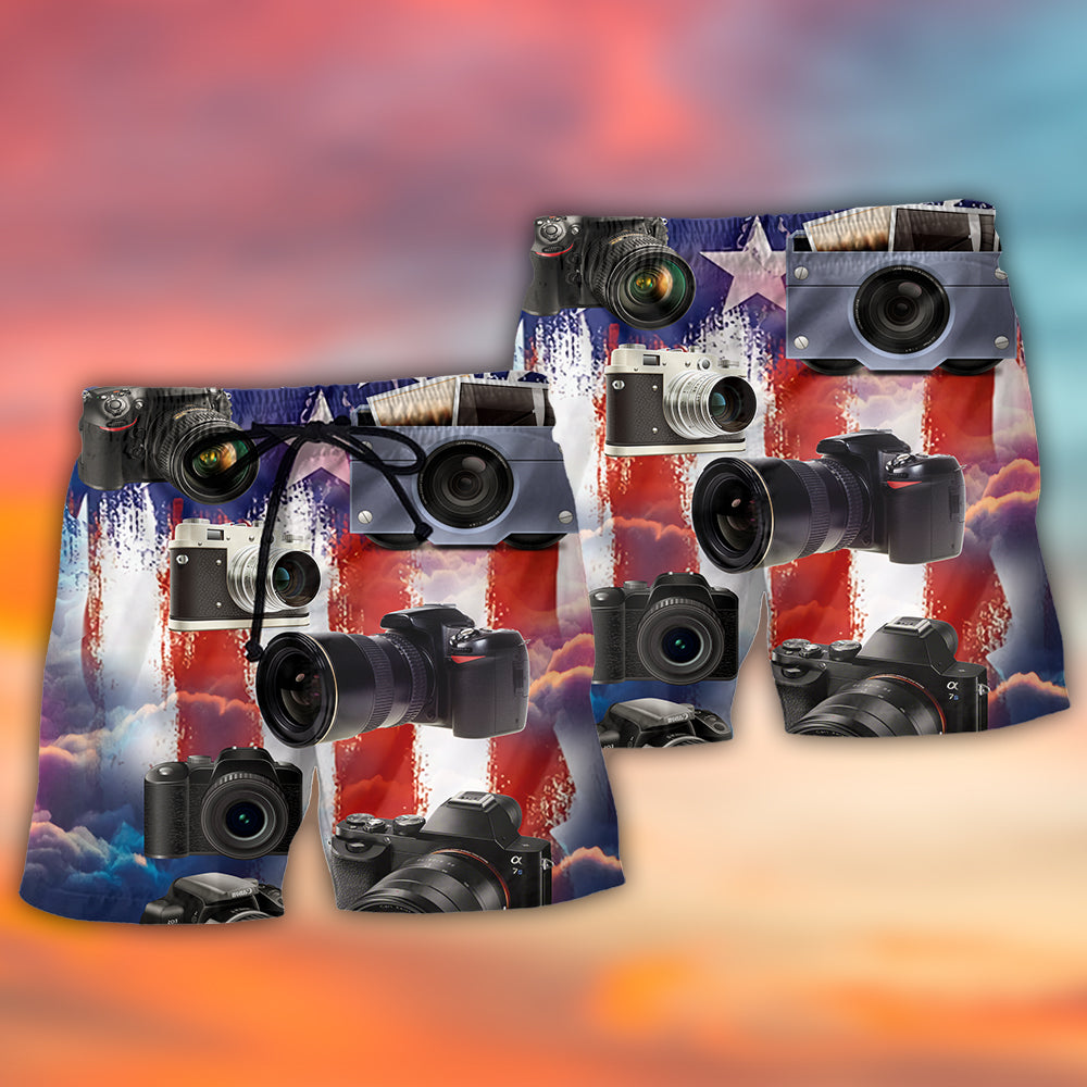 Independence Day Camera Beach Shorts Pattern Detail For Vacation Style And Comfortable Daily Use