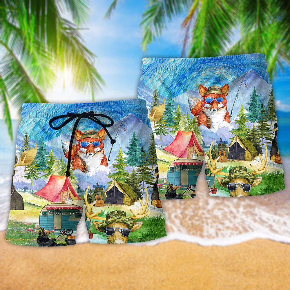 Camping Animals Happy Outdoor Beach Shorts For Resort Travel And Thoughtful Summer Gifting