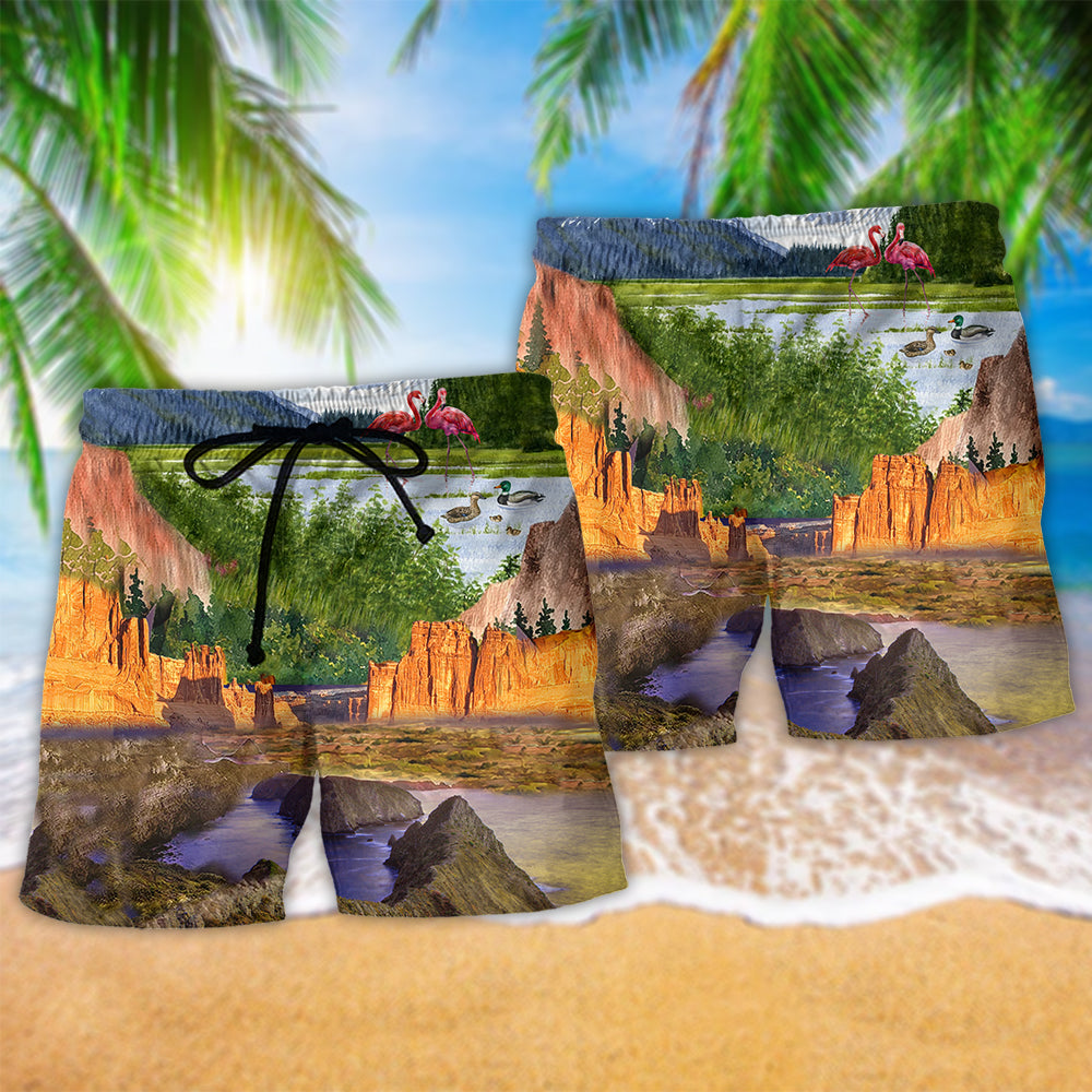 Camping Flamingo Landscape Beach Shorts Pattern Detail For Coastal Leisure And Bright Summer Outfits