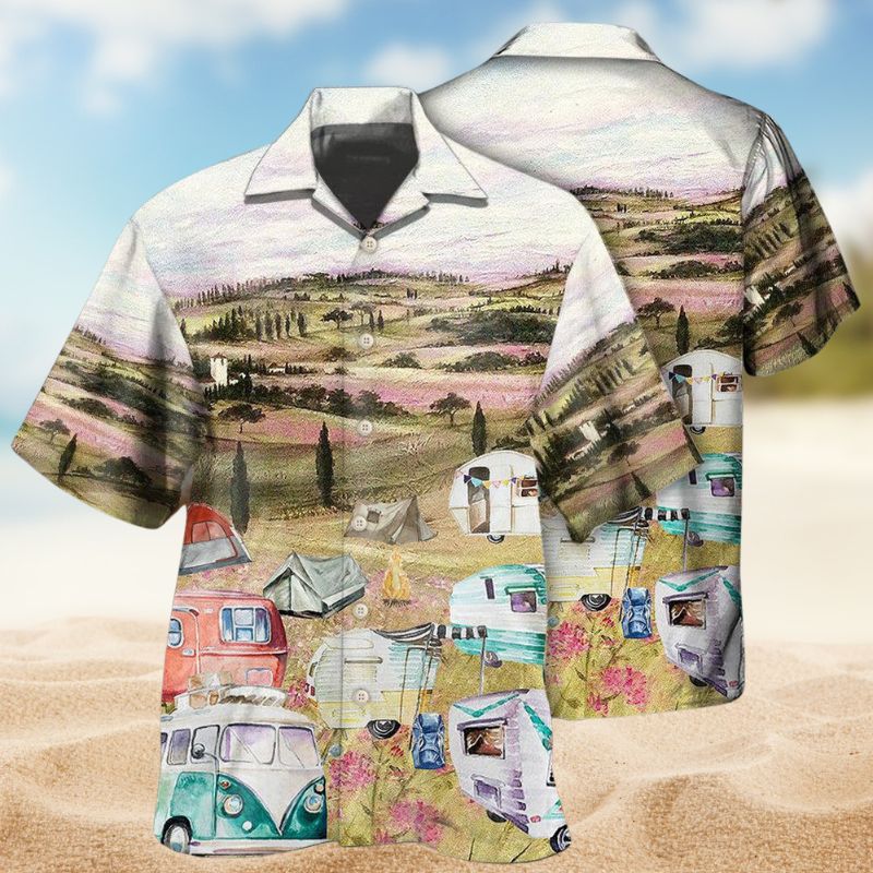Camping Immense Meadow Hawaiian Shirt For Summer Vacation, Beach Travel, And Casual Wear