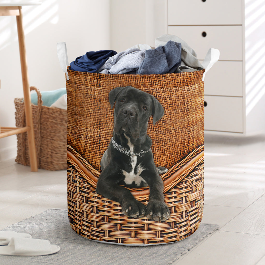 Cane Corso Dog Rattan Texture Laundry Basket For Room Home Organizer