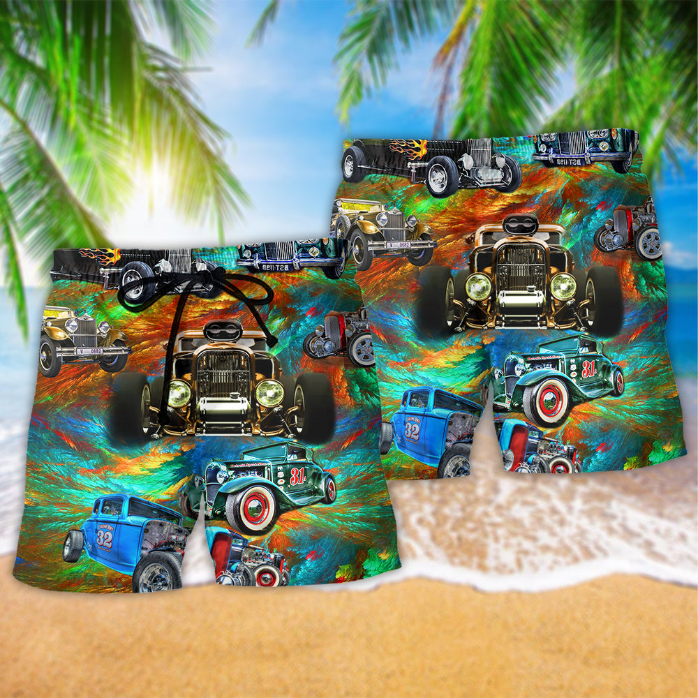 Car Classic Hot Rod Beach Shorts Pattern Detail For Coastal Travel And Easy Warm Weather Wear