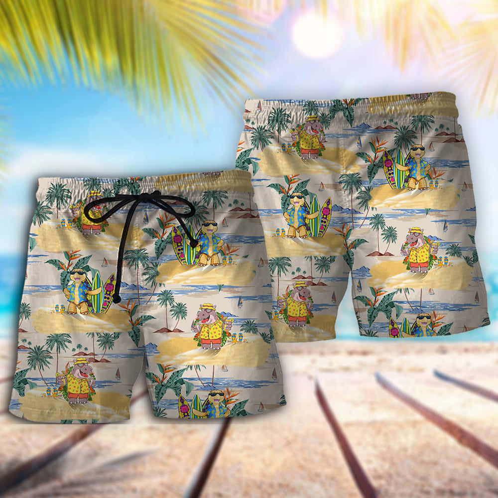 Cute Hippo And Turtle Tropical Cartoon Beach Shorts Pattern View For Vacation Travel And Outdoor Fun