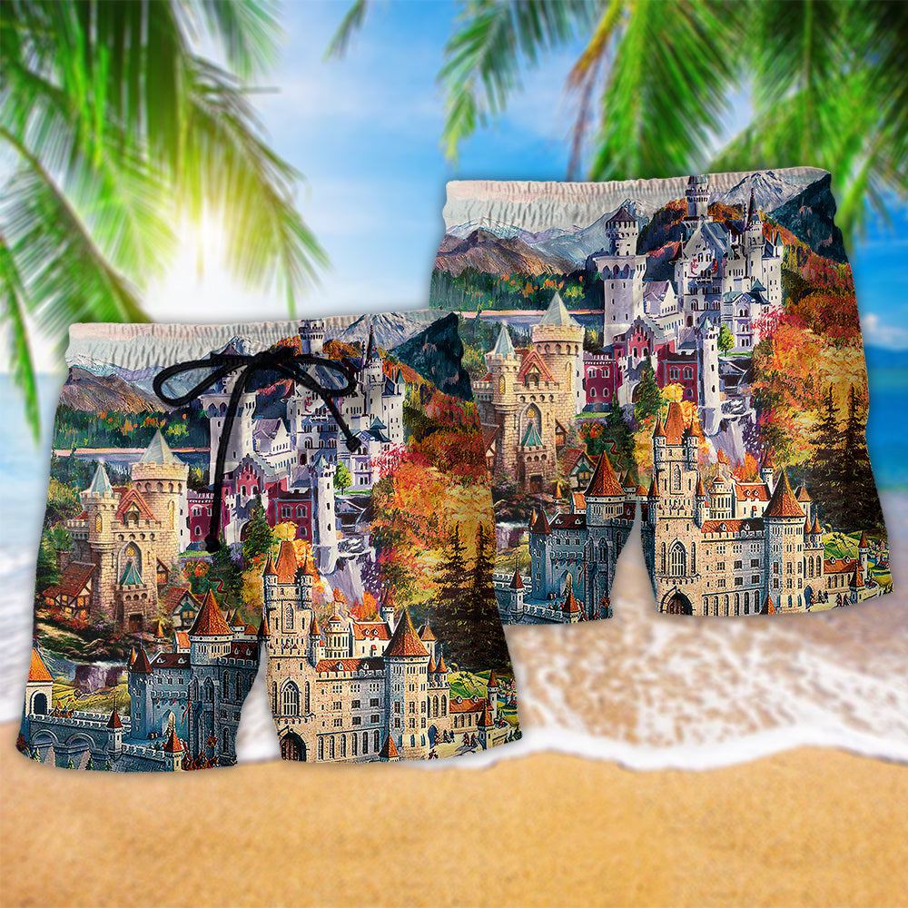 Old Castle Memories Scenic Landscape Beach Shorts For Sunny Holidays And Comfortable Daily Styling