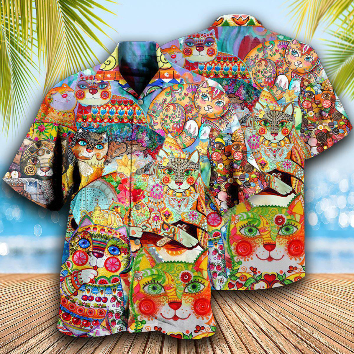 Cute Colorful Cat Hawaiian Shirt For Vacation Days And Relaxed Coastal Outings