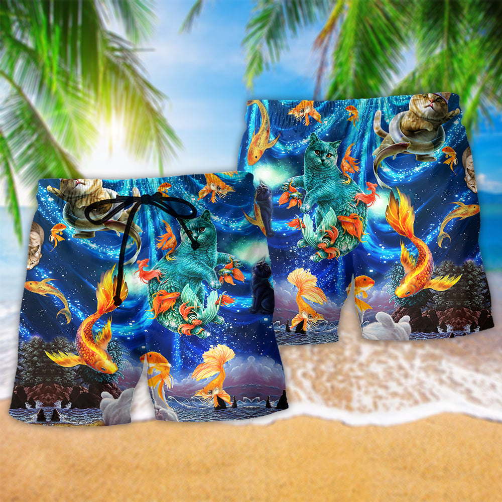 Dreaming Cat Goldfish Beach Shorts Pattern Detail For Seaside Leisure And Everyday Comfort