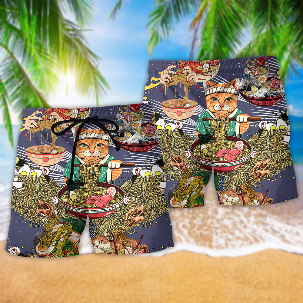 Cat Eating Cute Beach Shorts Pattern Detail For Casual Outings And Lightweight Summer Style