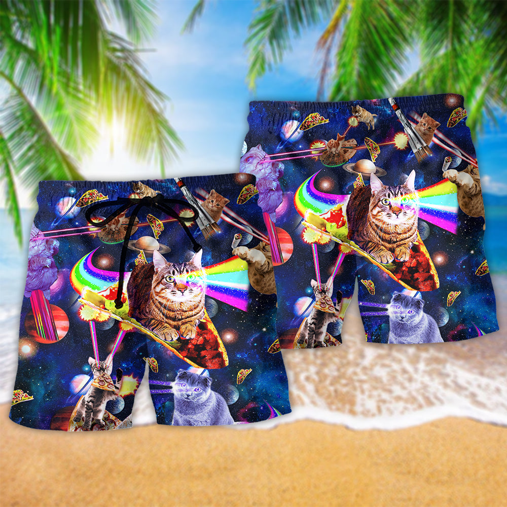 Cat Ride Food In Space Funny Hawaiian Print Beach Shorts For Beach Gatherings And Travel
